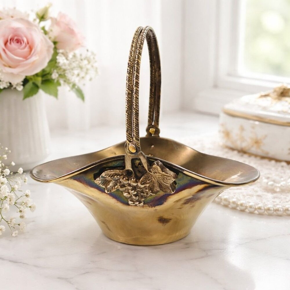 Vintage Brass Decorative Basket With Handle & Grape Motif Design Antique Style A